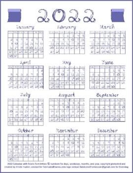 Preview of 2022 Calendar Pantone Veri Peri Periwinkle Blue Fabric Font Letters Numbers