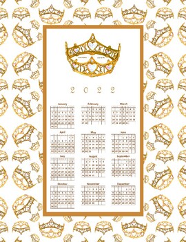 Preview of 2022 Calendar Queen of Hearts Gold Crown Tiara Royal Art Letter Size Printable