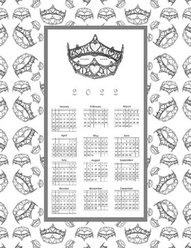 Preview of 2022 Calendar Queen of Hearts Silver Crown Tiara Royal Art Letter Size Printable
