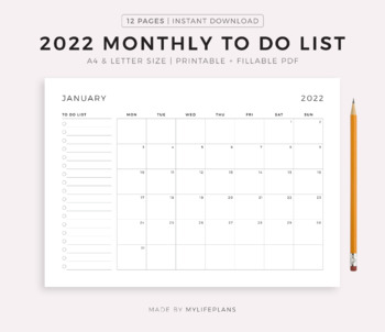 2022 Monthly To Do List Landscape, Monthly Organizer, Month At a Glance