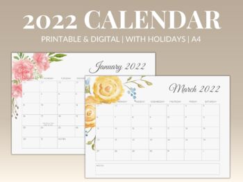 Preview of 2022 Printable Calendar | With Holidays | Flower Inspired