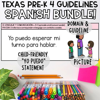 Preview of 2022 SPANISH Texas Pre-K 4 Guidelines "I can" Statement Cards BUNDLE