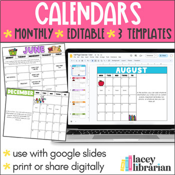 Preview of 2023-2024 Editable Monthly Calendar Templates | Print and Digital | FREE updates