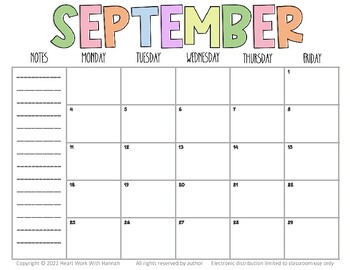 2023-2024 Monthly Calendar with Notes by Heart Work With Hannah | TPT