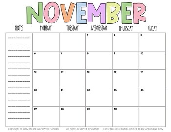 2023-2024 Monthly Calendar with Notes by Heart Work With Hannah | TPT