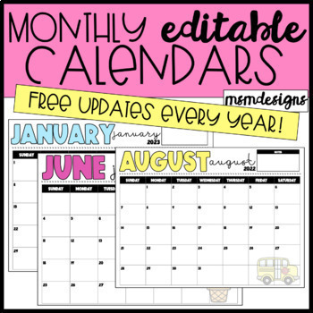 Preview of 2023-2024 Monthly Editable & Printable Calendars, Google Slides, FREE updates!