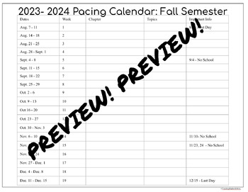 Preview of 2023 - 2024 Pacing Guide Calendar, High School Teachers