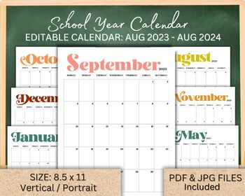 2023-2024 School Year RETRO Calendar printable, PORTRAIT - vertical ...