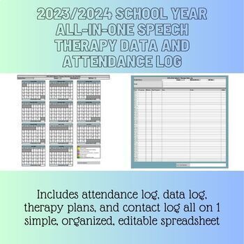 2023/2024 Speech Therapy All-in-One Data Log and Attendance Log (Editable)