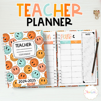 Preview of 2024-2025 Teacher Planner Printable | Teacher Binder | Groovy Smiley faces #1