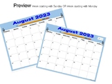 2023-24 Calendar: 2 versions (Monday-Sunday and Sunday-Saturday)