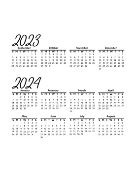2023-24 Yearly One Page Calendar by Sweet Little Sounds Music Resources