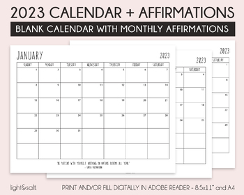 Preview of 2023 Calendar & Blank Monthly Calendar and affirmations, Editable PDF Calendar
