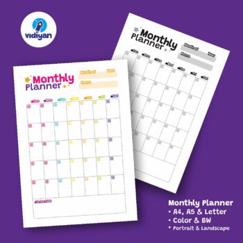 Preview of 2023 Fancy Monthly Planner for Kids - Color & BW - 3 Sizes (A4, A5, Letter)