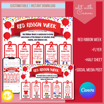 Preview of 2023 Red Ribbon Week Flyer Template Bundle, Spirit Week Activity Calendar
