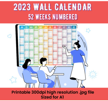 Preview of 2023 Year to a View Calendar - January - December; All Weeks Numbered