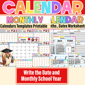 Preview of 2024-2025-2026 Monthly Calendar|Write the Date and Day of the Week Color