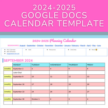 Preview of 2024-2025 Google Doc School Calendar (Bright & Fun Colors)