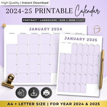 2024 2025 Monthly Calendar, Landscape PDF, Printable PDF Template