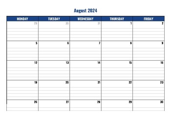 Preview of 2024-2025 School Year Calendar Template Monday-Friday At A Glance