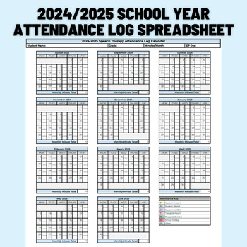 Preview of 2024/2025 School Year Speech Therapy Attendance Log Spreadsheet
