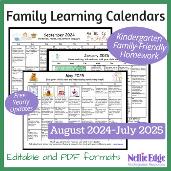Preview of 2024-25 Editable Kindergarten Homework Calendar with Free Yearly Updates