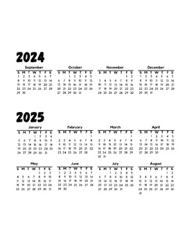 2024-25 Yearly One Page Calendar By Sweet Little Sounds Music Resources