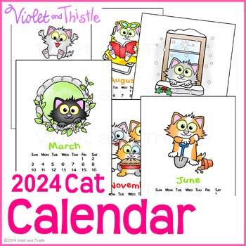 Preview of 2024 Cat Calendar Monthly Printable Year Long Cute Cats Parent Christmas Gift