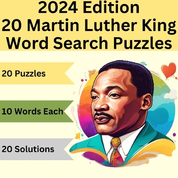 Preview of 2024 Edition Dr Martin Luther King Jr (MLK) 20 Word Search Pages With Solutions