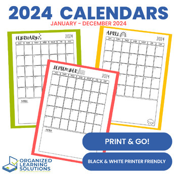 2024 Full Year Printable Black & White Calendars | TPT