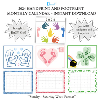 Preview of 2024 Handprint and Footprint Monthly Calendar - (Sun-Sat Week Format)