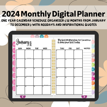 Preview of 2024 Monthly Digital Planner with Holidays and Inspirational Quotes