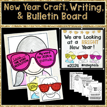 Preview of 2024 New Year Craft, Writing, Bulletin Board | Sunglasses | One-Word Resolutions