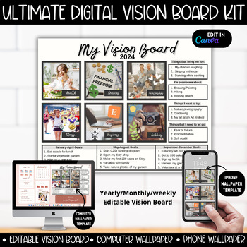 2024 New Year's Activity Vision Board Party Kit Goals Mood Board Template  Plan