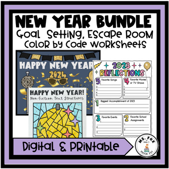 Preview of 2024 New Years ELA Reading Escape Room Goal Setting & Color By Code Activities