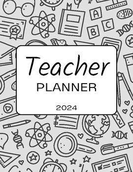 Preview of 2024 Teacher Planner | Black & White School Doodle Style