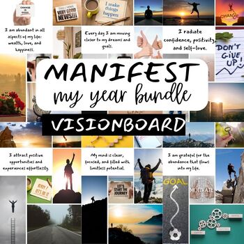 Preview of 2024 Vision Board Images Manifest Happiness Printable PDF Mood Board for Women