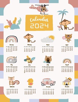 Preview of 2024 calendar - animal and rainbow- 12 months pages - Ready to print