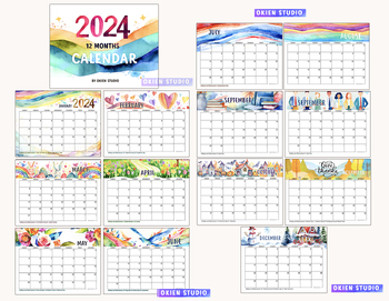 Preview of 2024 calendar, digital calendar, 2024 watercolor style calendar, US events