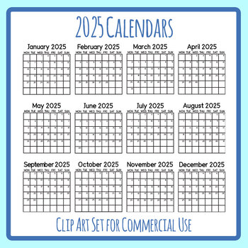 2025 Calendar - Months of The Year - Blank Monthly Planning Templates Clip Art