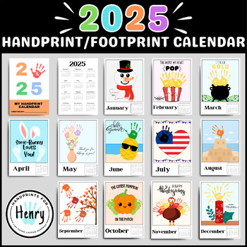 Preview of 2025 Handprint & Footprint Monthly Calendar, Printable Craft Activities for Kids