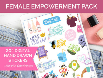 Preview of 204 Digital Female Empowerment Clip Art - Sticker PNGs and GoodNotes Booklet