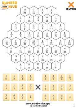 Preview of 20x Randomized Number Hive Game Boards - Multiplication of Fractions