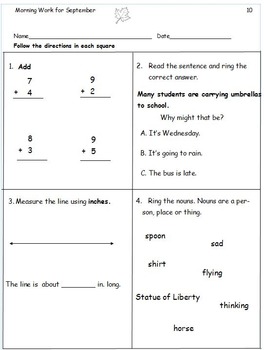 21 Common Core Morning Worksheets for Sept! ELA and Math. Bell Work