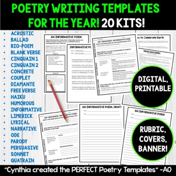 Preview of 21 POETRY Writing Templates and Info, Rubric, Student Poetry Book Covers
