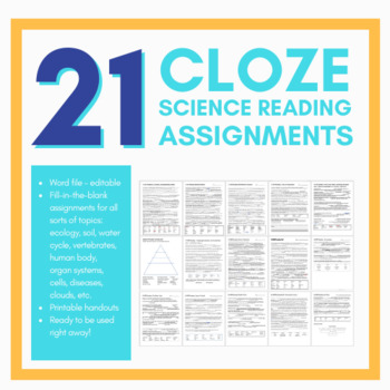 Preview of 21 Science CLOZE Reading Assignments - Editable