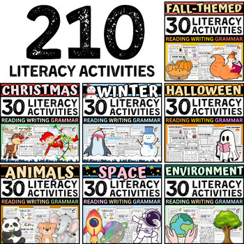 Preview of 210 Literacy Activities: 7 DIFFERENT THEMES - Reading Writing Grammar - ELA