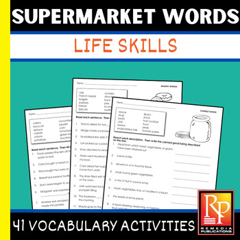 Preview of GROCERY & SUPERMARKET WORDS: Life Skills Vocabulary Activities | Questions