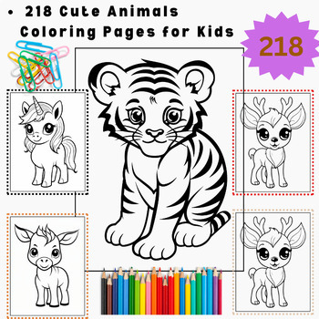 Preview of 218 Cute Animals Coloring Pages for Kids