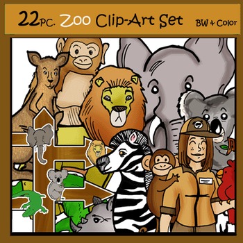 Preview of 22 pc. Zoo Clip-Art Set: 11 B&W, 11 Color